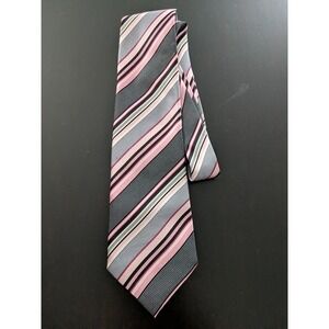 Bill Robinson‎ Tie Necktie Pink Black Barcode Stripes 60" Silk